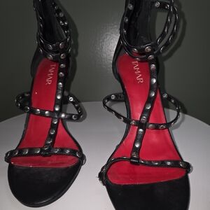 Elegant Black Strappy Heels with Silver Accents